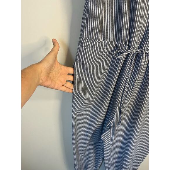 DREW Anthropologie Pin Stripe Blue Ivory Jumpsuit Pockets Criss Cross Back sz. M - Picture 4 of 7